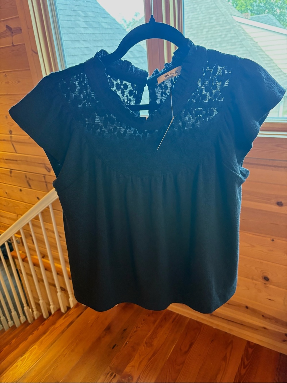 Madewell Lace Inset Superlight Jacquard Top in black NWT